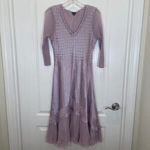 Komarov Chiffon‎ & Charmeuse Dress Lilac-Rose Jewel Neckline Midi Lace Satin MP